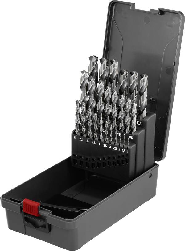 <br> TOOLCRAFT<br> TO-10926867<br> HSS-G<br> Kit punte a spirale da metallo<br> 25 parti<br> Lunghezza totale 195 mm<br> temperato<br> DIN 338<br> Alberino cilindrico<br> 1 KIT<br>