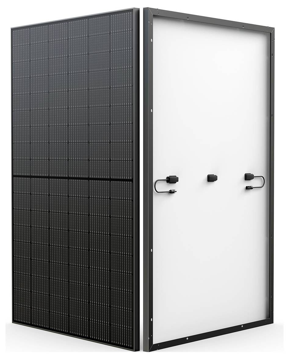 Un pannello solare visto da davanti e da dietro, che mostra le celle fotovoltaiche su un lato e un retro bianco liscio con connettori.