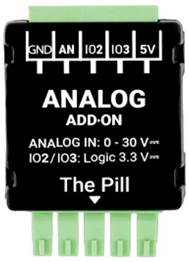 Modulo aggiuntivo analogico "The Pill" con porte etichettate: 'GND', 'AN', 'IO2', 'IO3', '5V'. Ingressi: 'INGRESSO ANALOGICO: 0-30V', 'IO2/IO3: Logica 3.3V'.