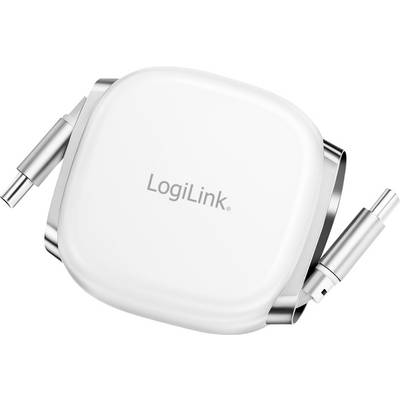 Un cavo USB-C retrattile LogiLink bianco con connettori visibili su entrambi i lati, progettato per uno stoccaggio compatto e un uso facile.