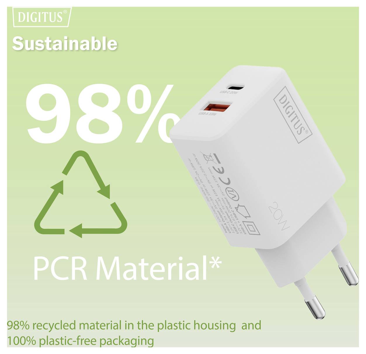 Caricabatterie 'Digitus Sustainable 98% PCR Material' con porte USB e spina EU. Il testo sottolinea l'alloggiamento riciclato e l'imballaggio senza plastica.