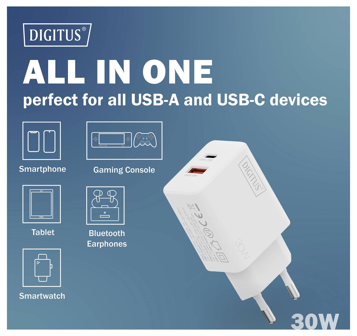 "Tutto in Uno: Perfetto per tutti i dispositivi USB-A e USB-C." Caricabatterie bianco da 30W. Icone: Smartphone, Console di gioco, Tablet, Auricolari Bluetooth, Smartwatch.