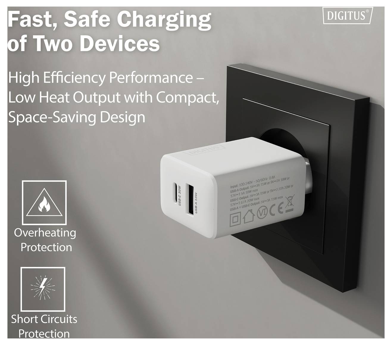 Un caricabatterie USB doppio bianco collegato a una presa murale nera. Il testo evidenzia una ricarica veloce e sicura, protezione dal surriscaldamento e dai cortocircuiti.