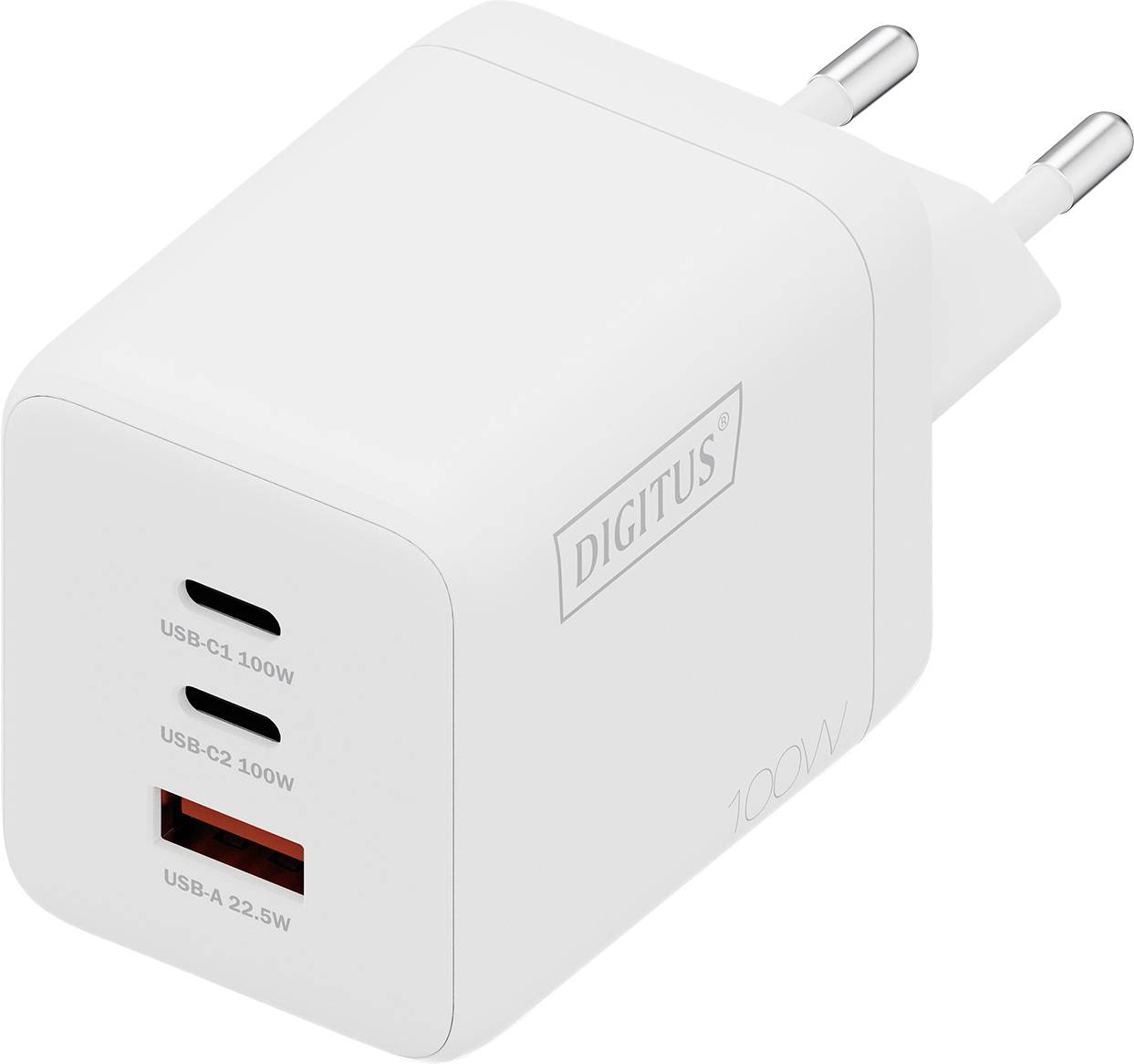 Un caricabatterie da parete bianco con due porte USB-C etichettate 'USB-C1 100W', 'USB-C2 100W', e una porta USB-A etichettata 'USB-A 22.5W', marchio 'Digitus'.