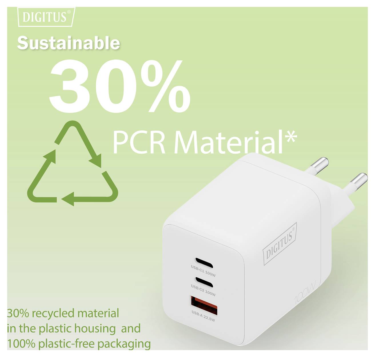 Caricabatterie USB Digitus con il 30% di materiale PCR riciclato. Dotato di doppia porta USB e pone l'accento sulla sostenibilità con imballaggio privo di plastica.