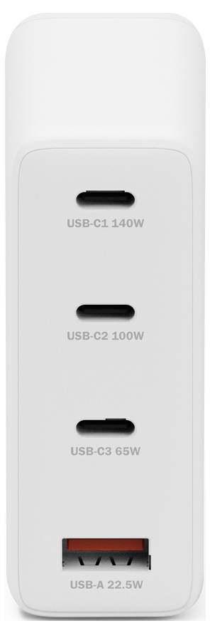 Un adattatore di ricarica bianco con tre porte USB-C etichettate 'USB-C1 140W', 'USB-C2 100W', 'USB-C3 65W' e una porta USB-A etichettata '22.5W'.