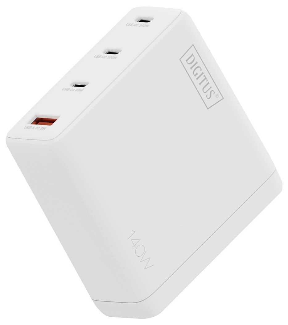 Un adattatore di ricarica bianco con tre porte USB-C e una porta USB-A, contrassegnato con "DIGITUS" e "140W".