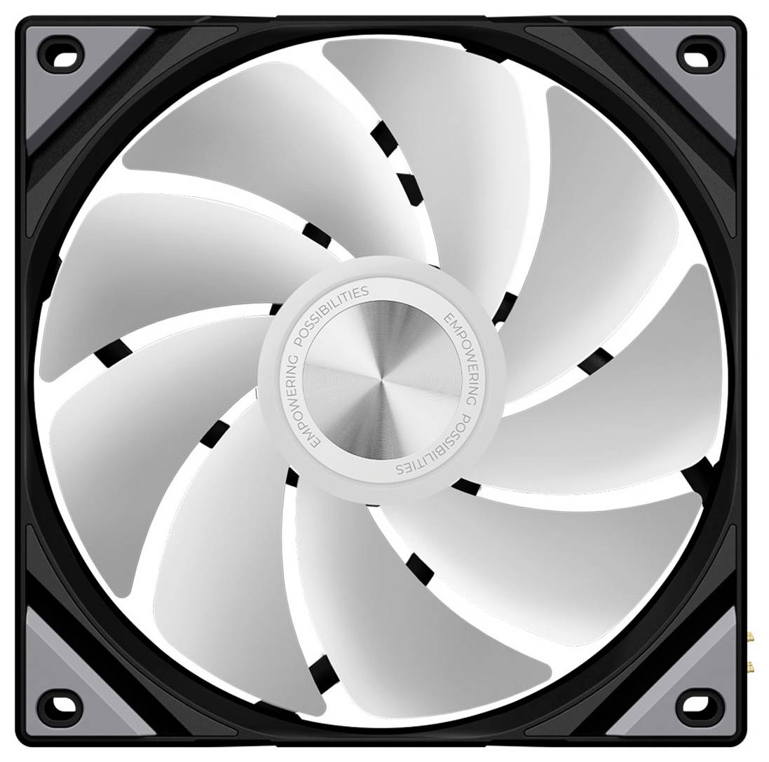 Una ventola di raffreddamento del computer di forma quadrata con nove pale bianche e un hub centrale etichettato "Empowering Possibilities".
