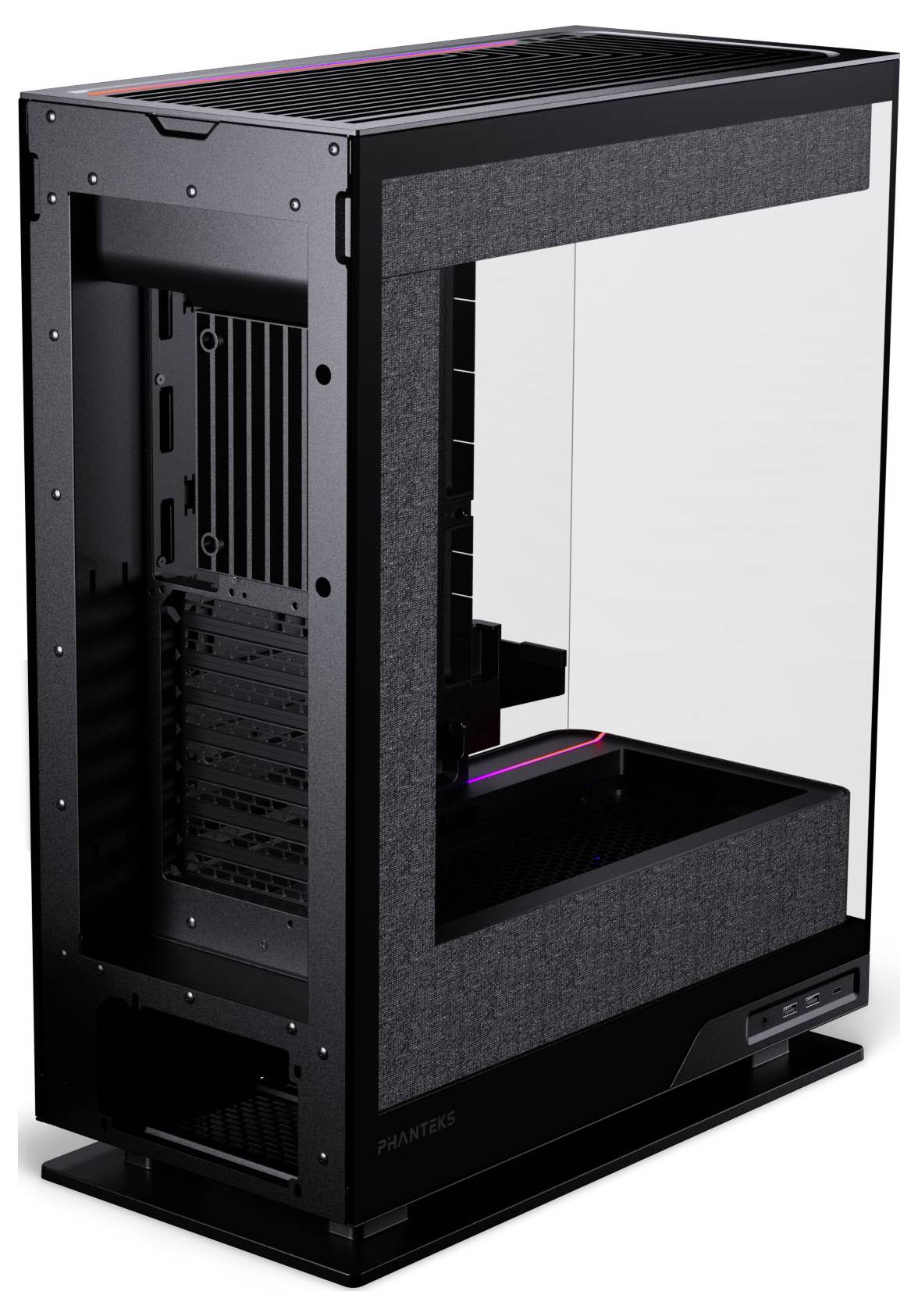 Una elegante torre per computer nera e trasparente con un interno spazioso progettato per componenti hardware ad alte prestazioni.