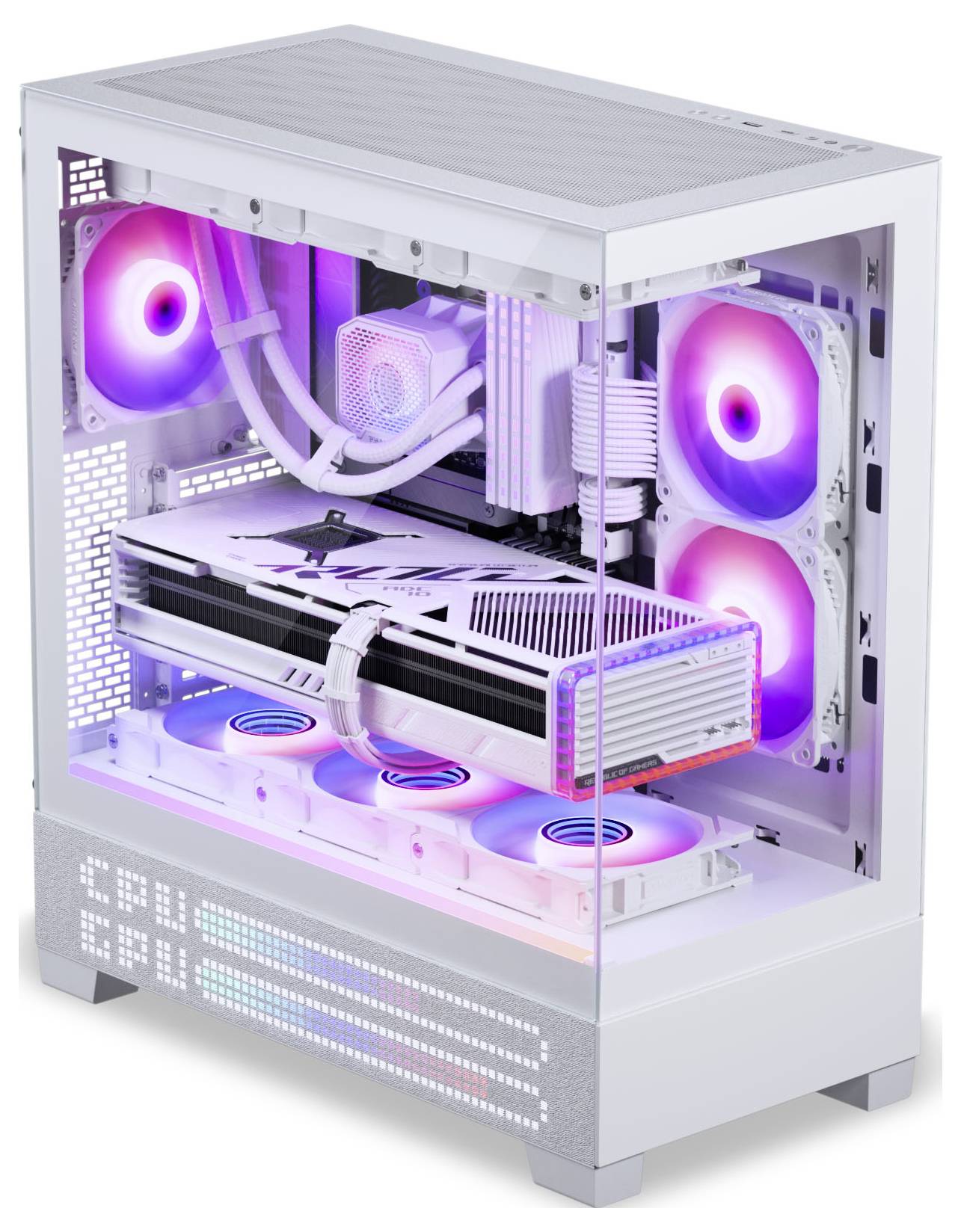Un elegante PC gaming bianco con illuminazione RGB, che mette in mostra componenti interni come ventole di raffreddamento, un sistema di raffreddamento a liquido e una scheda grafica.
