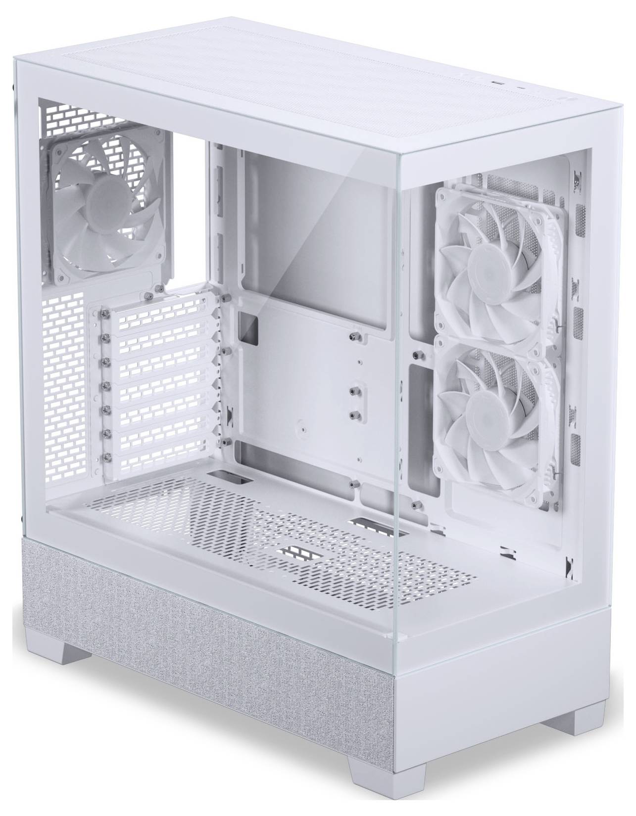Un case per computer bianco con pannello laterale trasparente, dotato di tre ventole di raffreddamento integrate e molteplici slot per componenti hardware.