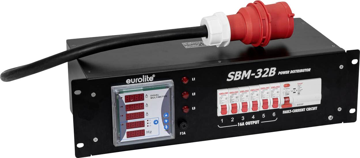 'Distributore di Potenza Eurolite SBM-32B' mostrato con molteplici prese, cavo di alimentazione principale e interruttori etichettati per il controllo della distribuzione.