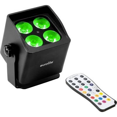 Una luce da palco con quattro lampadine LED verdi, accompagnata da un telecomando con varie impostazioni di colore, etichettato 'eurolite'.