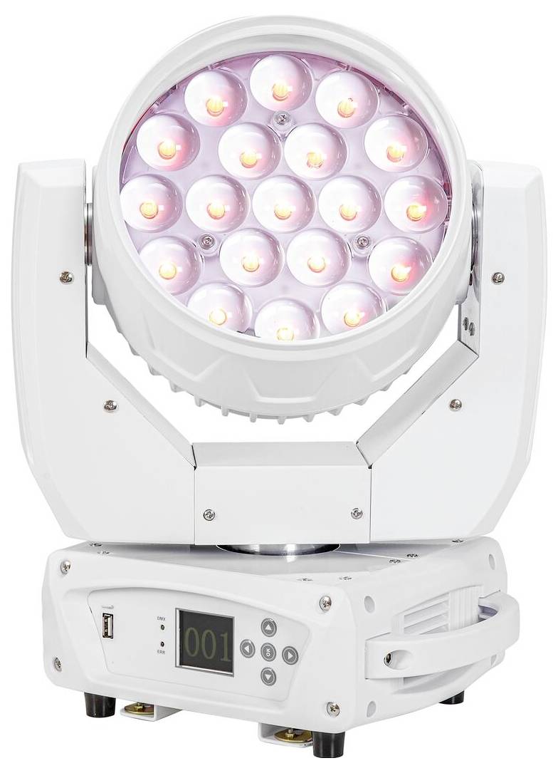 Una luce da palco bianca con multiple lampadine LED e una testa regolabile si trova su un piedistallo, con un display digitale che mostra il numero '001'.