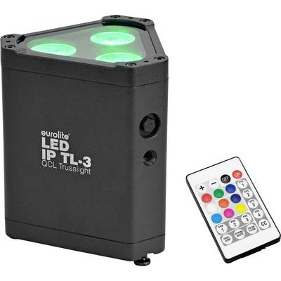 "Eurolite LED IP TL-3 QCL Trusslight" con telecomando. La luce ha tre LED verdi ed è progettata per illuminazione scenica o per eventi.
