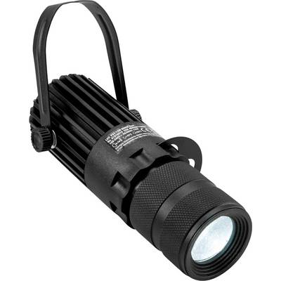 Un riflettore LED nero con design ventilato e maniglia regolabile, utilizzato per l'illuminazione focalizzata in ambienti teatrali o fotografici.