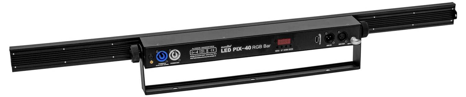 Apparecchio di illuminazione da palco LED con staffa regolabile, che mostra i connettori di alimentazione e controllo insieme a un'etichetta 'LED FX-800 RGB Bar'.