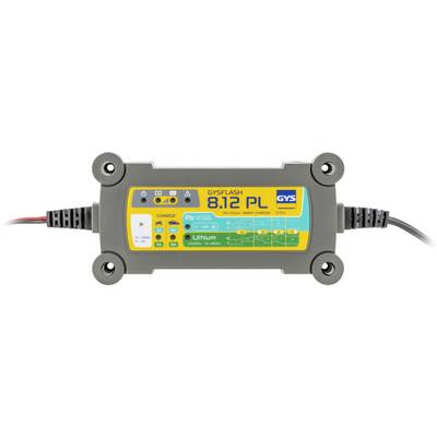 Un caricabatterie rettangolare grigio etichettato 'GYSFLASH 8.12 PL' con display digitale, indicatori LED e cavi collegati per la ricarica.