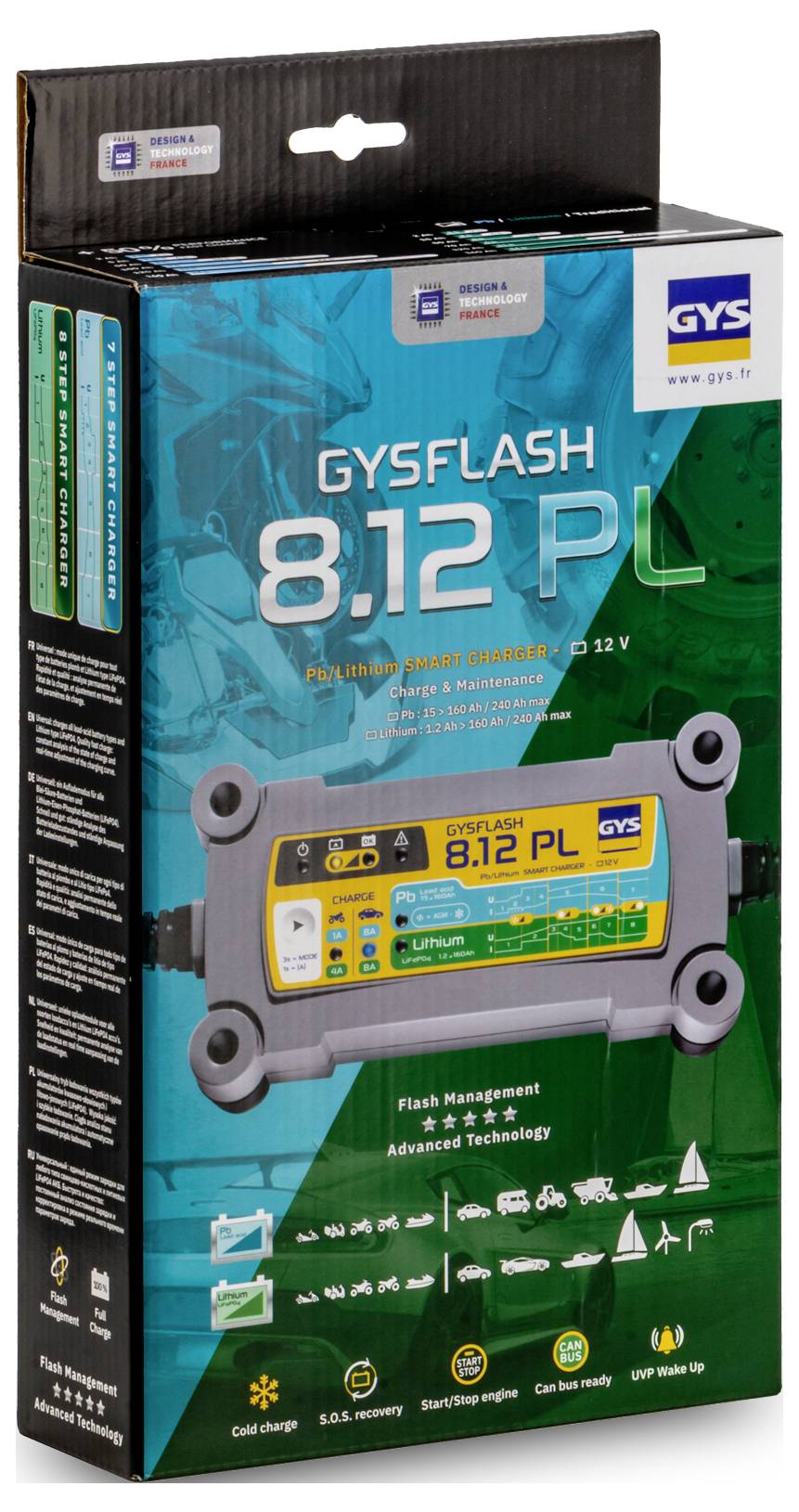 L'immagine mostra la confezione di un caricabatterie intelligente al litio GYSFLASH (modello 8.12 PL) per batterie da 12V con funzionalità come la gestione flash.