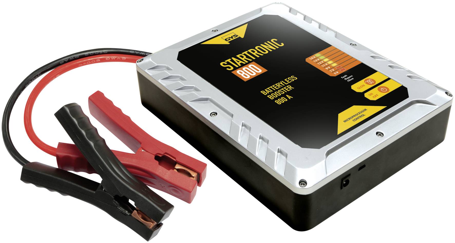 Avviatore 'STARTRONIC 800' senza batteria con capacità di 800 A e cavi di collegamento rossi e neri allegati per uso veicolare.