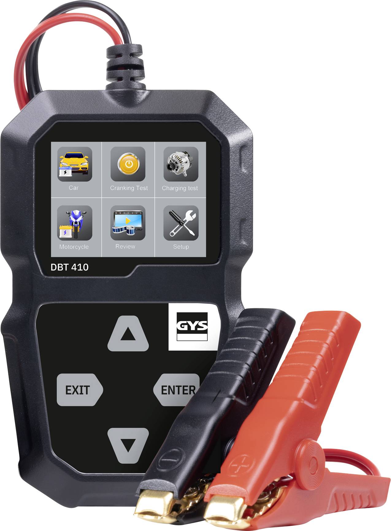 Tester di batteria con display digitale che mostra icone per auto, motocicletta, test di spunto, test di carica, revisione e configurazione. Pinze rosse e nere allegate.
