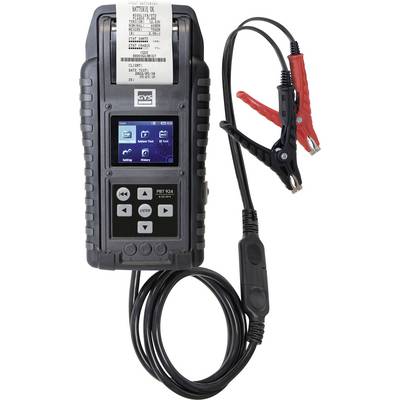 Un tester batteria portatile visualizza i risultati diagnostici sul suo schermo, collegato tramite cavi con pinze a coccodrillo per l'analisi della batteria del veicolo.