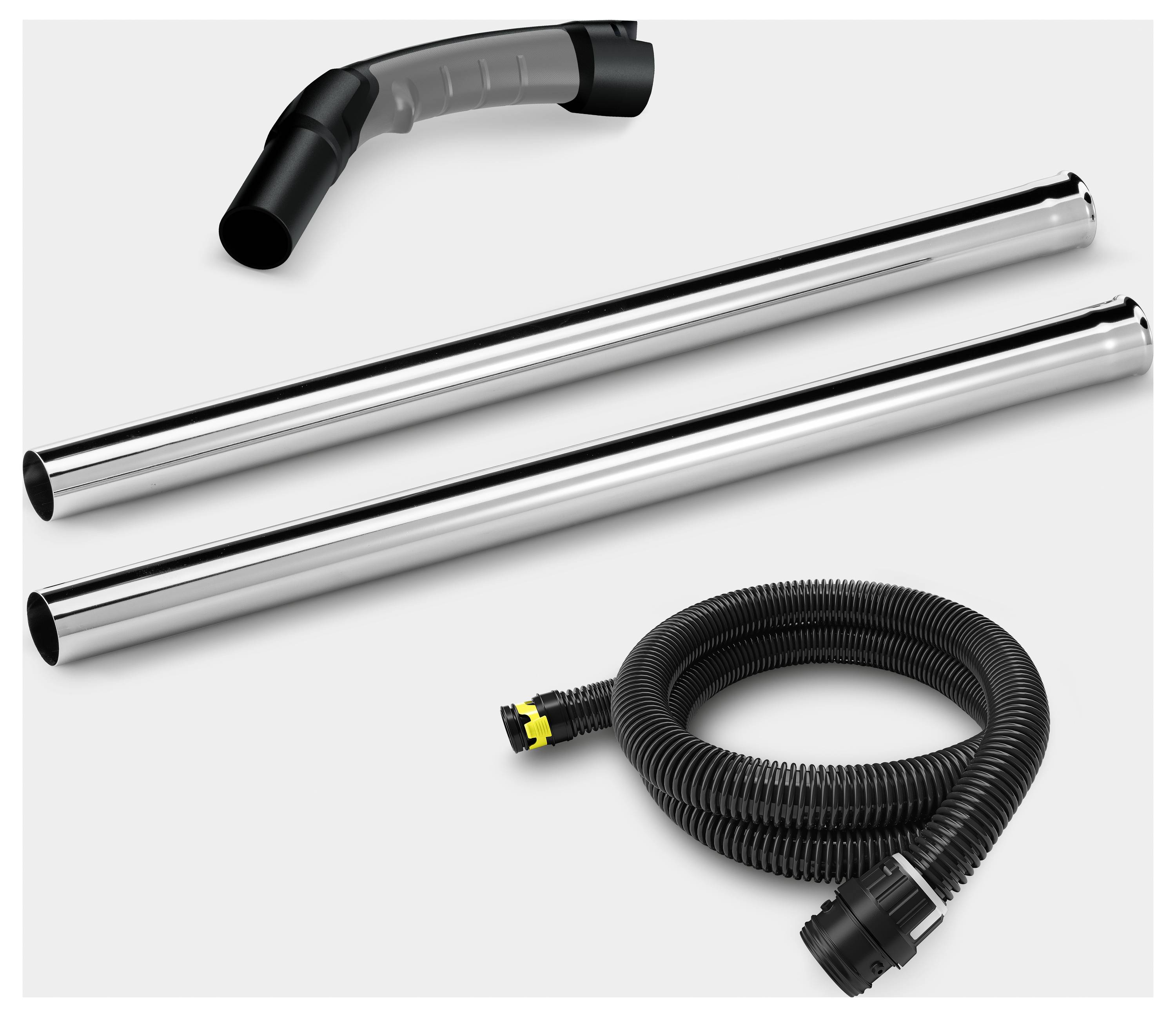 Set di accessori per aspirapolvere, includente una maniglia curva, due tubi di estensione metallici, e un tubo flessibile arrotolato con connettori.