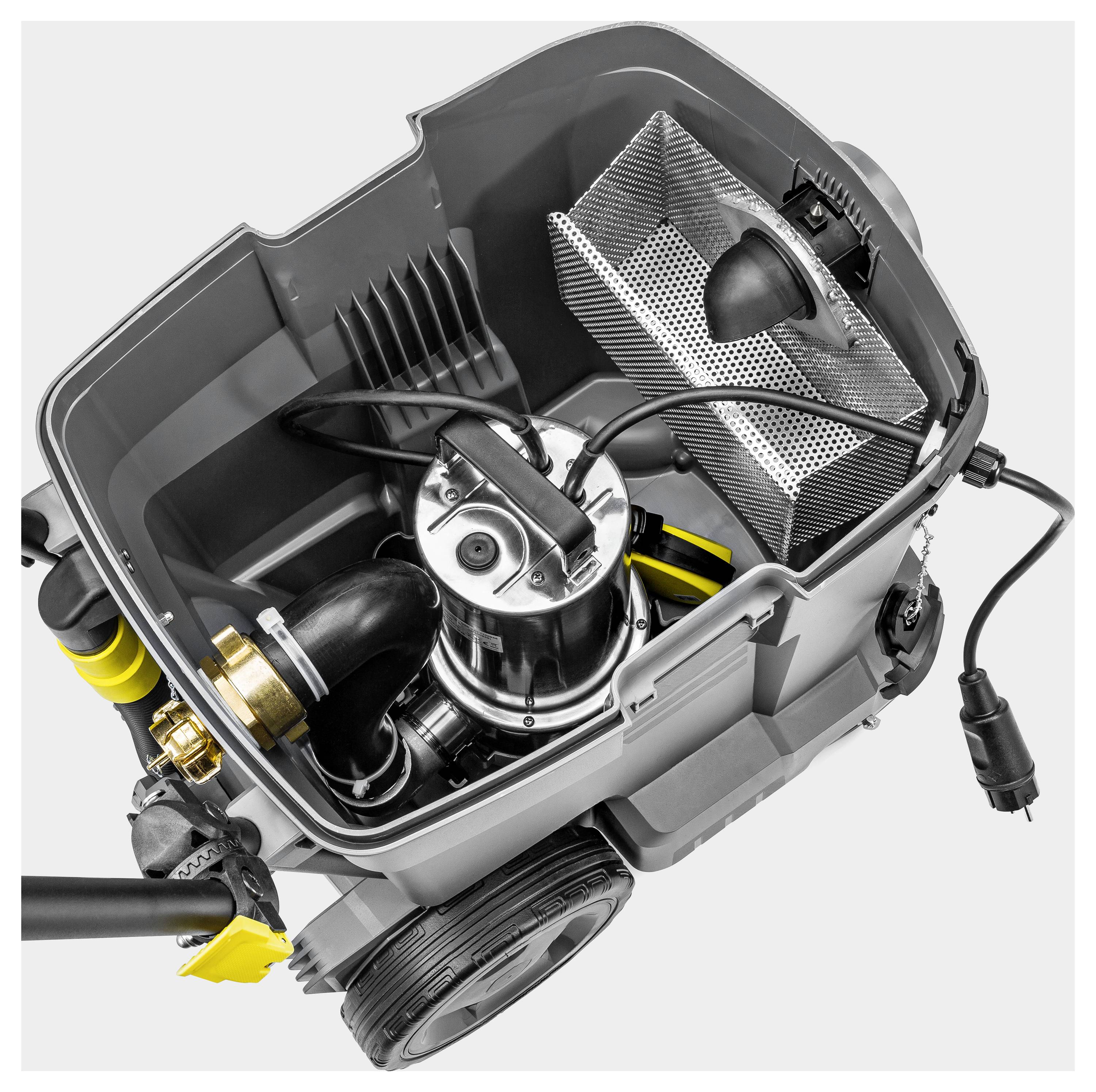 L'immagine mostra un aspiratore industriale portatile aperto con componenti visibili, inclusi un motore, attacchi per tubo flessibile e un cestello filtro.