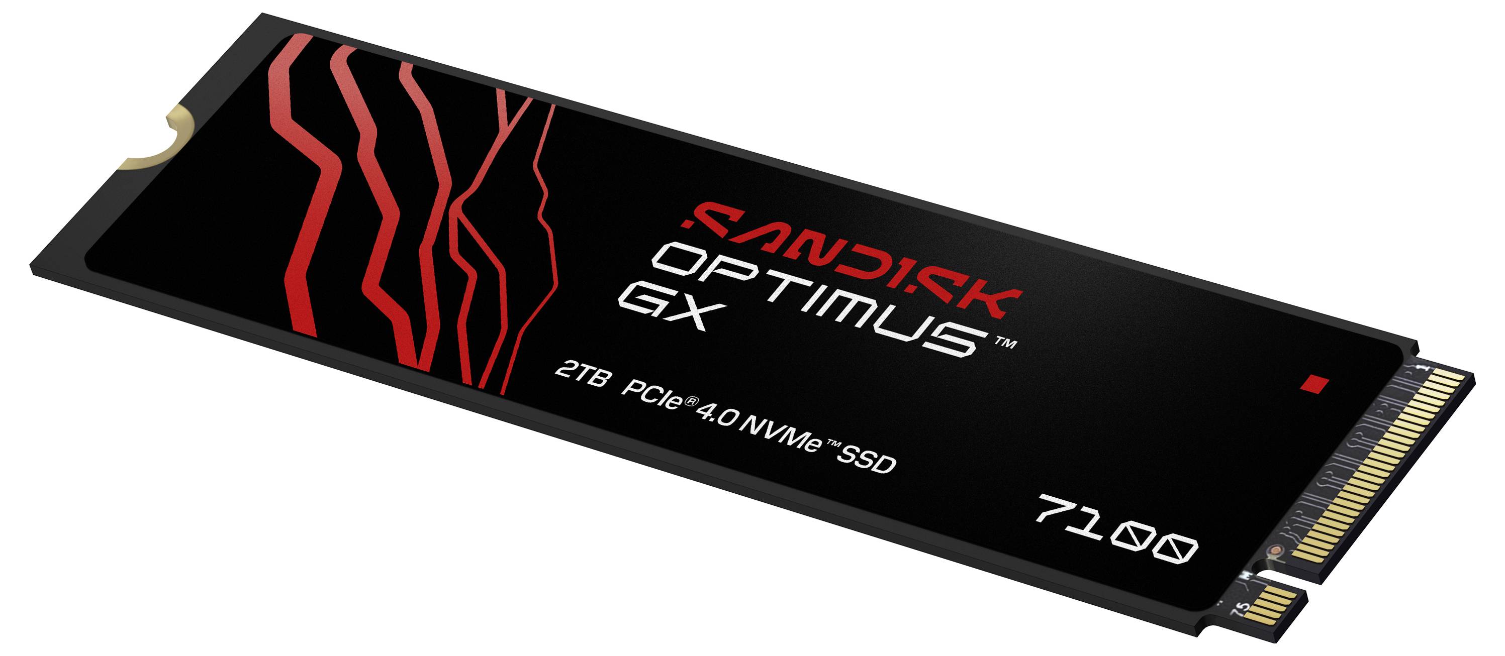 'SanDisk Optimus GX Pro 850X PCIe 4.0 NVMe SSD' in un design elegante e nero con branding e specifiche tecniche visibili sulla superficie superiore.