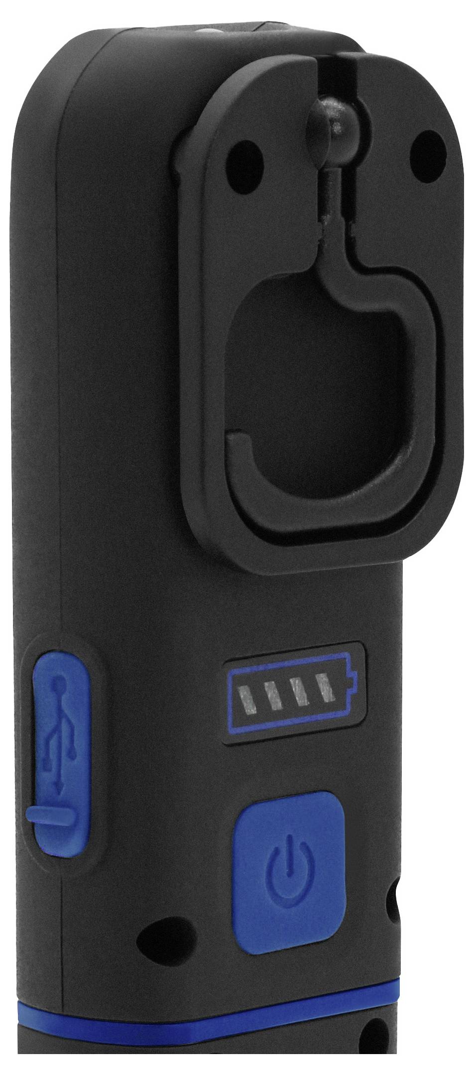 Un dispositivo portatile nero e blu con pulsante di accensione, porta di ricarica e indicatore dello stato della batteria, utilizzato per l'ispezione o l'illuminazione.