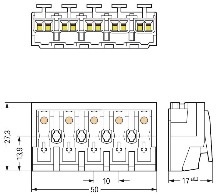 Diagramma tecnico di un blocco connettore a cinque terminali con dimensioni dettagliate: larghezza 40mm, altezza 13,9mm e lunghezza 27,3mm.