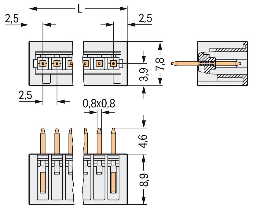 Diagramma tecnico di un connettore con dimensioni etichettate: spaziatura di 2,5mm, altezza di 3,9mm e 7,8mm, dimensione del pin di 0,8mm, altezza totale di 8,9mm.