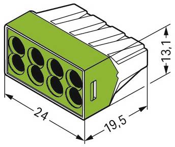 Illustrazione di un connettore elettrico con dimensioni: 24 mm di larghezza, 19,5 mm di profondità e 13,1 mm di altezza, con sei porte circolari.