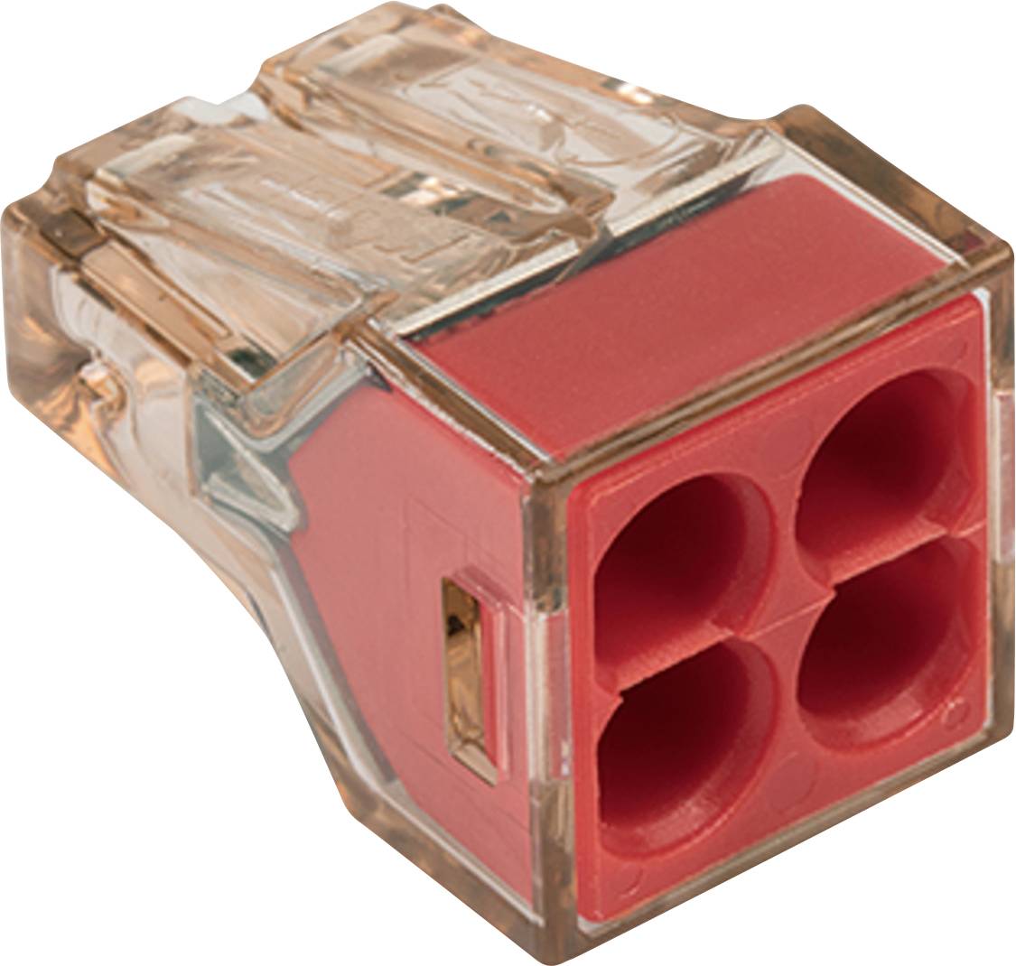 Un connettore a filo rosso con quattro slot e un alloggiamento trasparente, utilizzato per unire in modo sicuro i cavi elettrici.