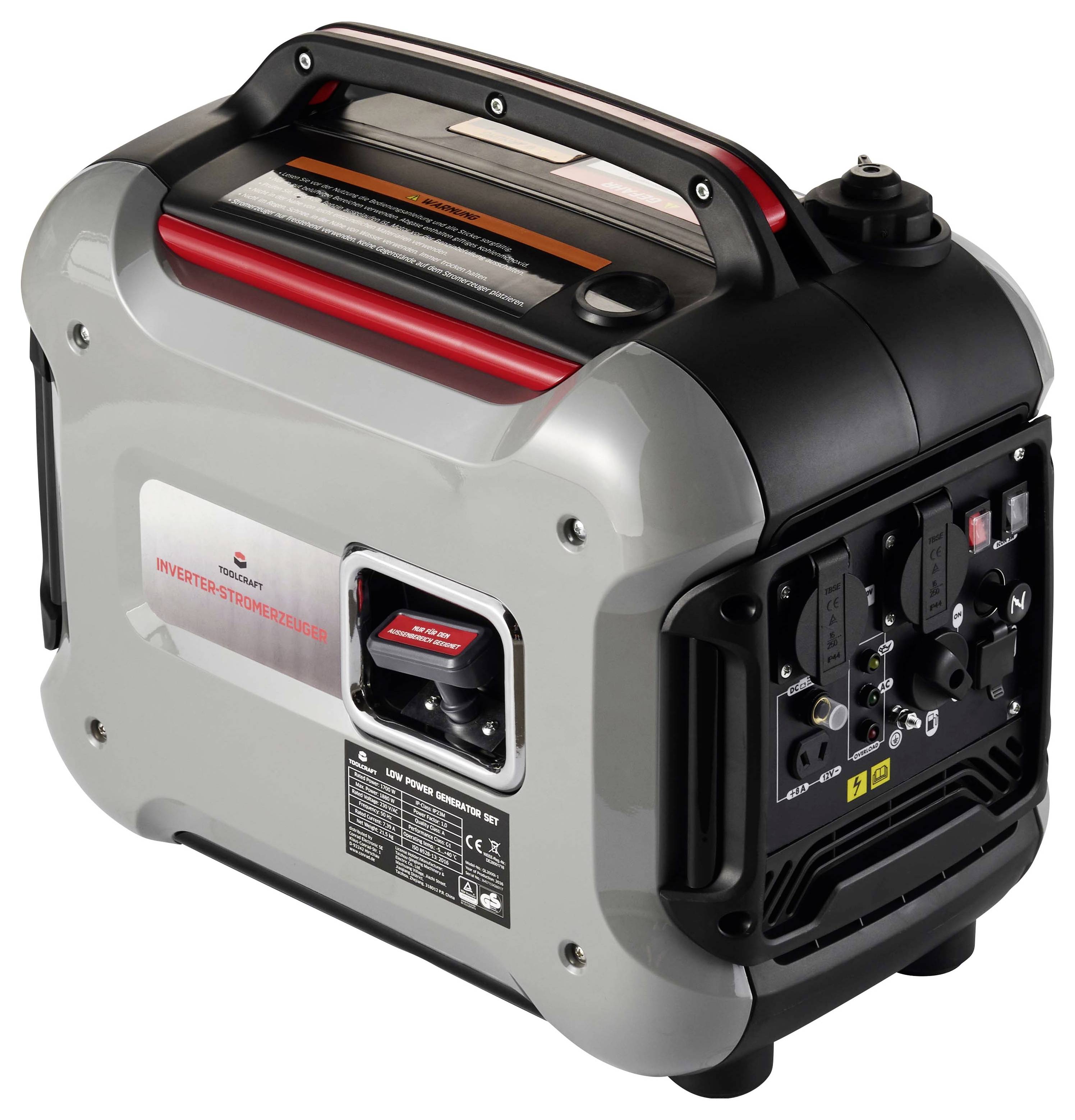 Generatore inverter portatile con maniglia di trasporto, pannello di controllo e indicatore del carburante mostrato su sfondo bianco.