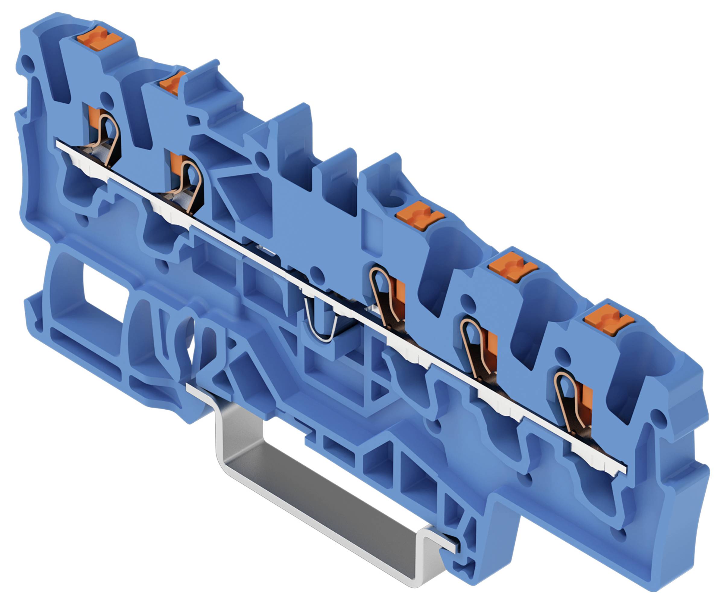 Un morsetto terminale blu con cinque slot di connessione e meccanismi di bloccaggio arancioni per fissare i cavi elettrici. Adatto per il montaggio su pannello.