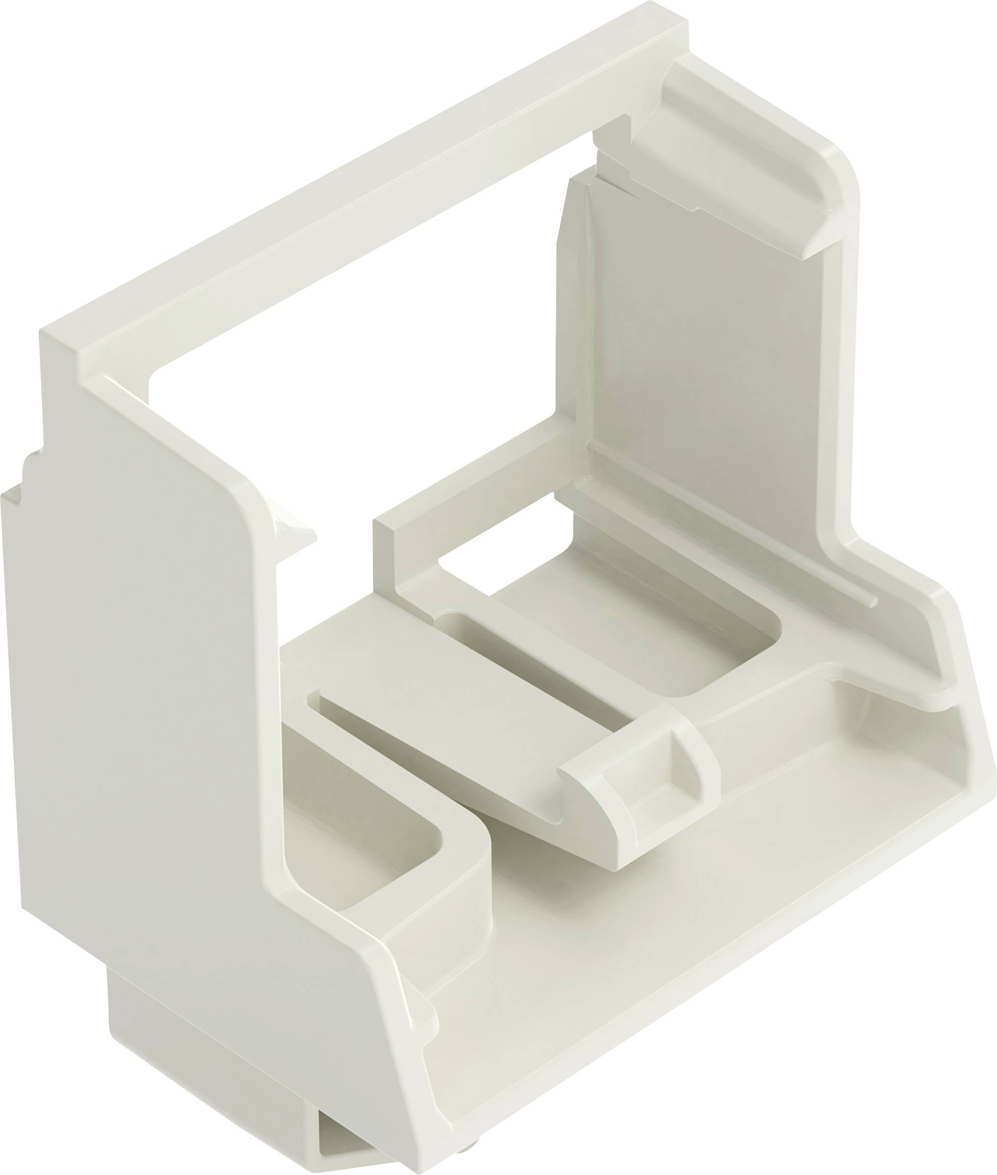 Un supporto in alluminio bianco per guida DIN modulare con slot aperti e cornice rettangolare, progettato per supportare e fissare componenti elettrici.