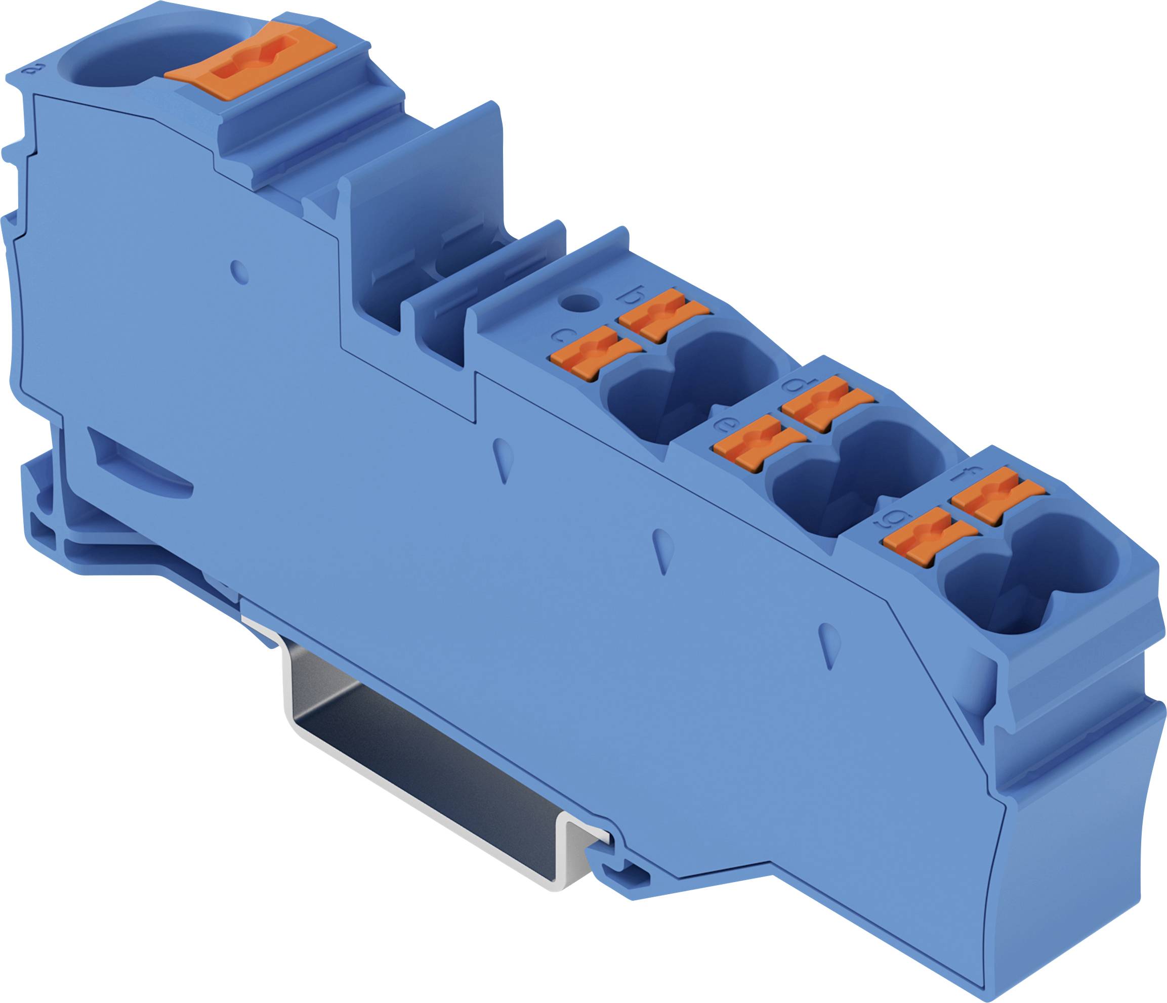 Un blocco morsettiera blu e arancione utilizzato per le connessioni elettriche, dotato di molteplici morsetti a vite per il fissaggio sicuro dei cavi.