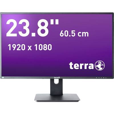 Un display monitor con il testo '23.8" 60.5 cm 1920 x 1080' e il logo 'terra' su sfondo viola.