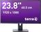 Un display monitor con il testo '23.8" 60.5 cm 1920 x 1080' e il logo 'terra' su sfondo viola.