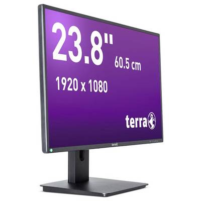 Schermo del monitor con dimensioni di 23,8 pollici o 60,5 cm, risoluzione 1920 x 1080, con il logo del marchio 'terra' visibile su uno sfondo viola.