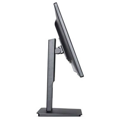 Una vista laterale di un monitor per computer nero su un supporto, che mostra il suo profilo sottile e la funzione di inclinazione regolabile.