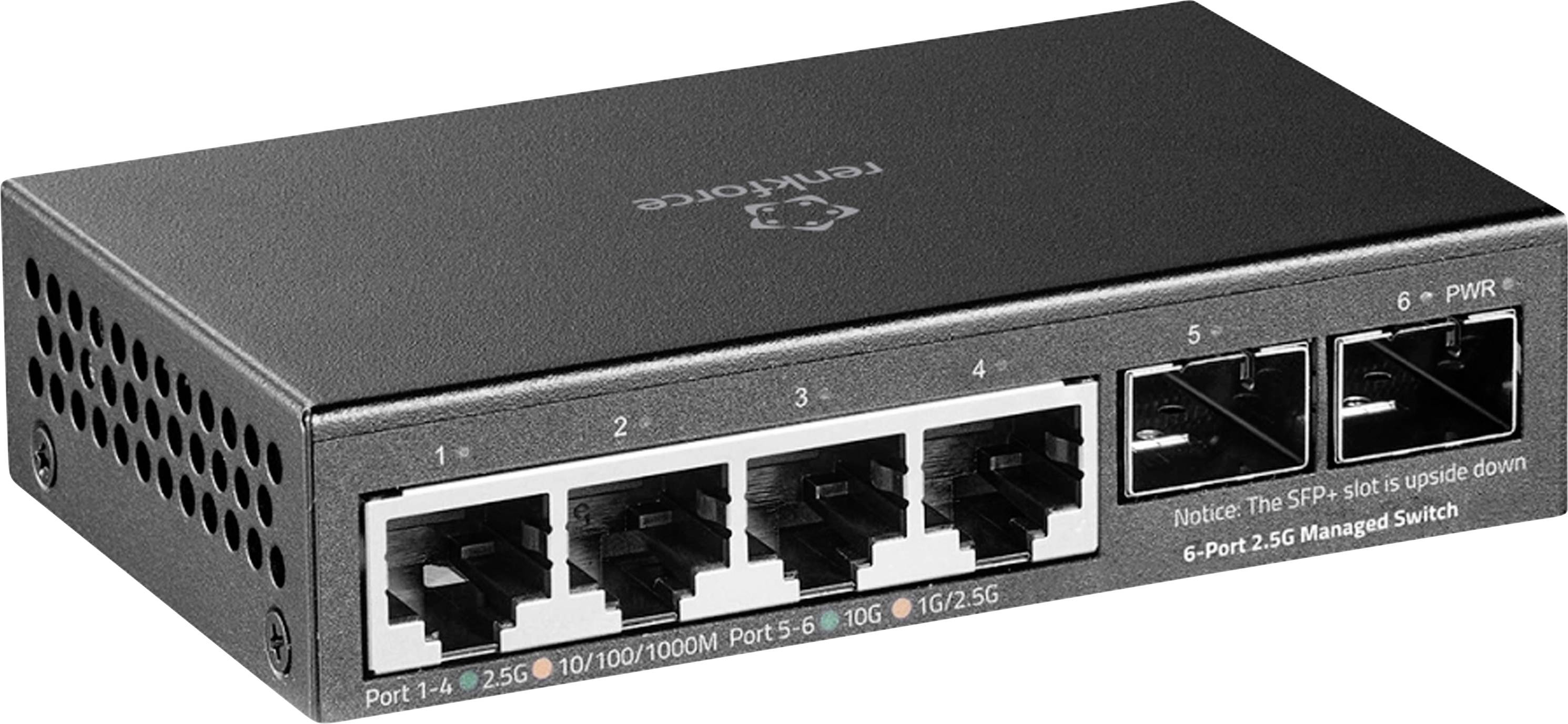 Vista frontale di uno switch di rete gestito nero a 6 porte 2.5G con porte Ethernet numerate, due slot SFP e indicatori di stato.