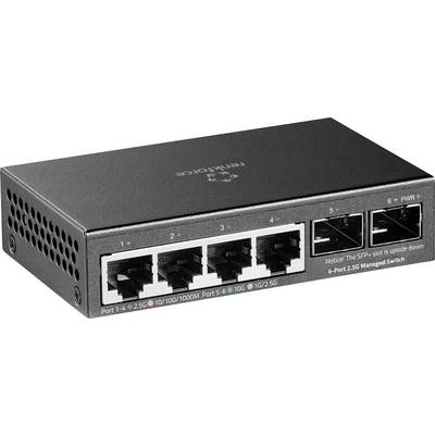 Vista frontale di uno switch di rete gestito nero a 6 porte 2.5G con porte Ethernet numerate, due slot SFP e indicatori di stato.