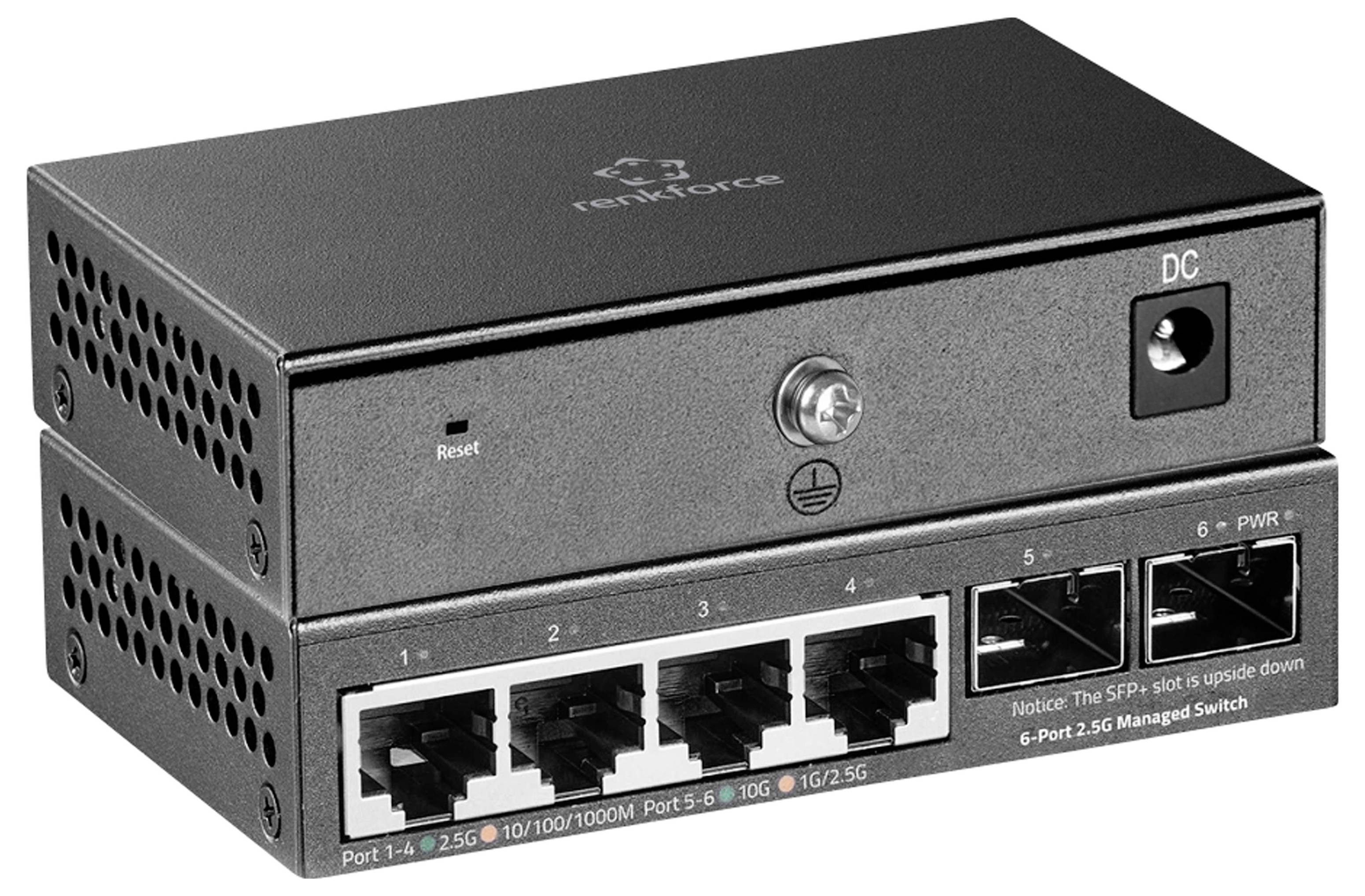 Interruttore di rete compatto nero con sei porte Ethernet e un connettore di alimentazione DC, etichettato 'tenkforce' e '2.5G Managed Switch'.