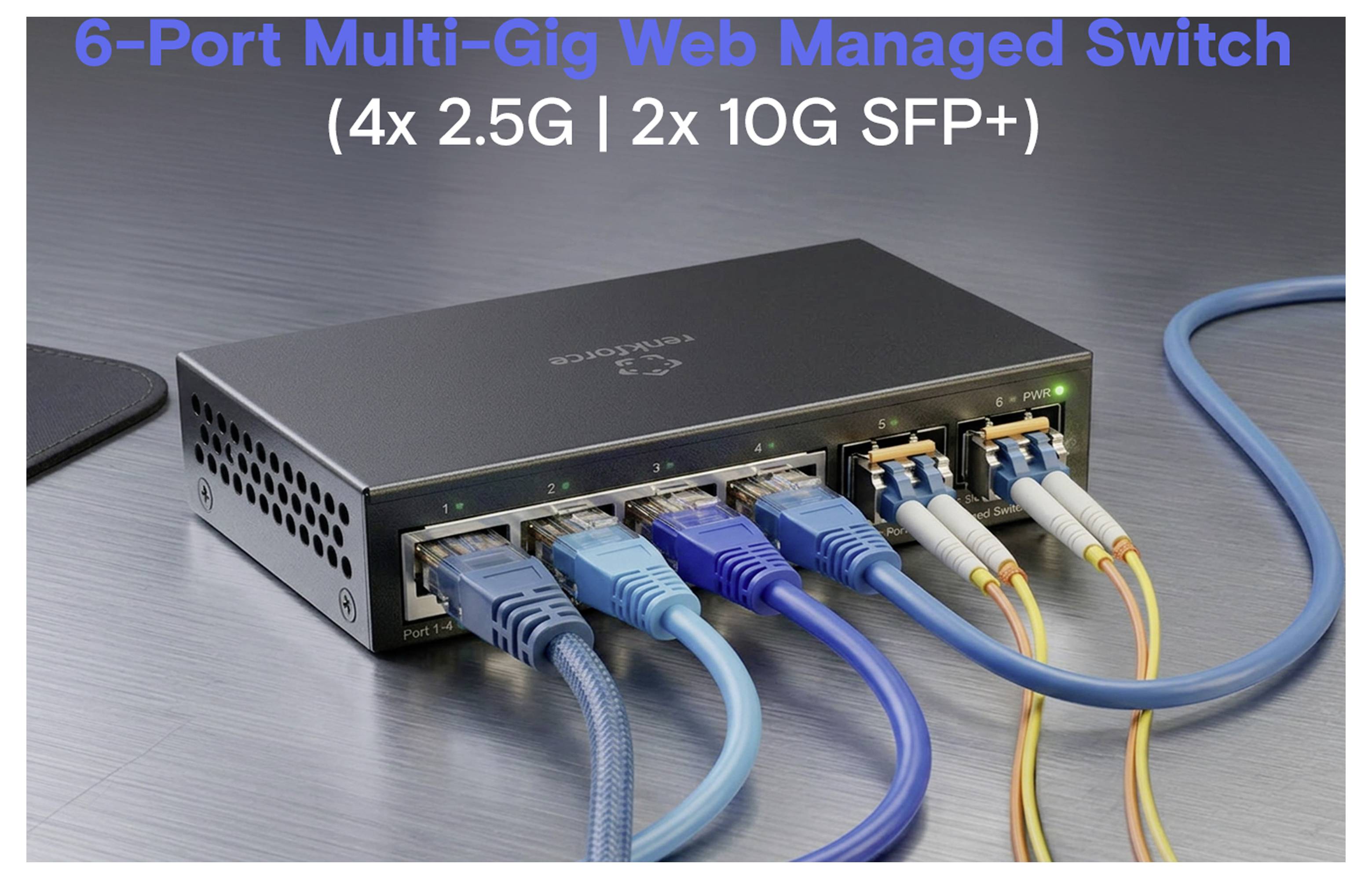 Switch di rete gestito da web multi-gig a 6 porte con 4 porte 2.5G e 2 porte SFP+ 10G, mostrato connesso a più cavi Ethernet e in fibra ottica.