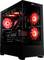 Una torre del computer nera con un pannello laterale trasparente che rivela ventole di raffreddamento che brillano di rosso e componenti interni, che mostrano una configurazione da gaming.