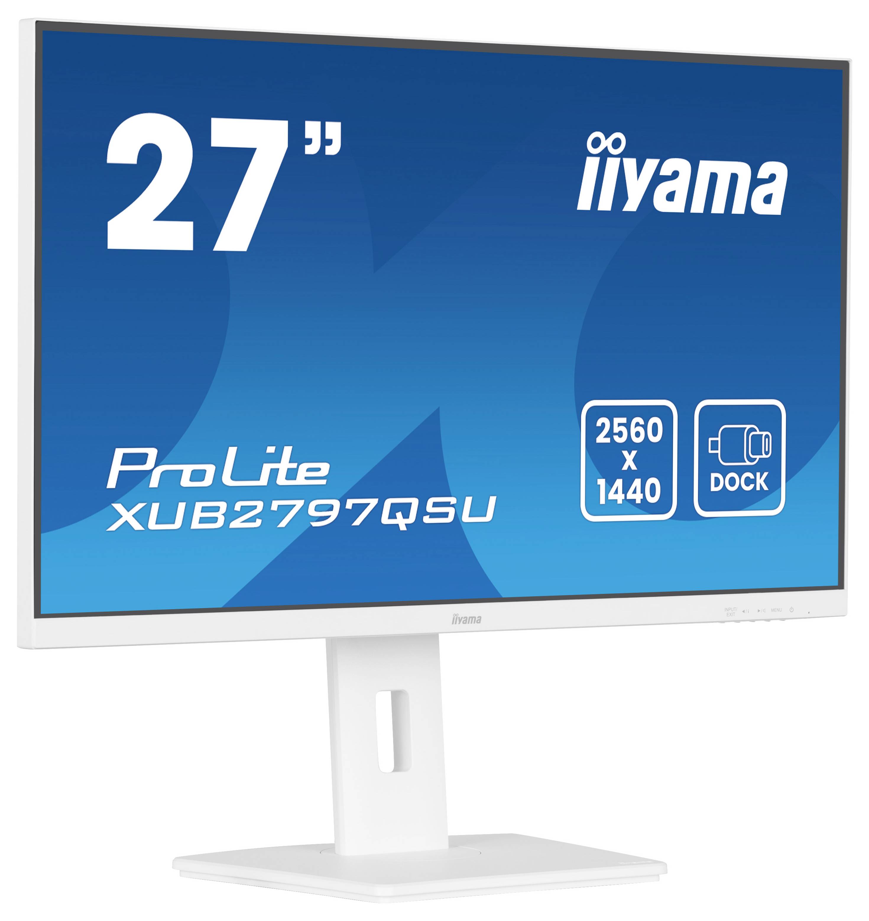 Un monitor Iiyama ProLite bianco con schermo da 27 pollici e risoluzione 2560 x 1440, dotato di opzione di docking, mostrato da un'angolazione.