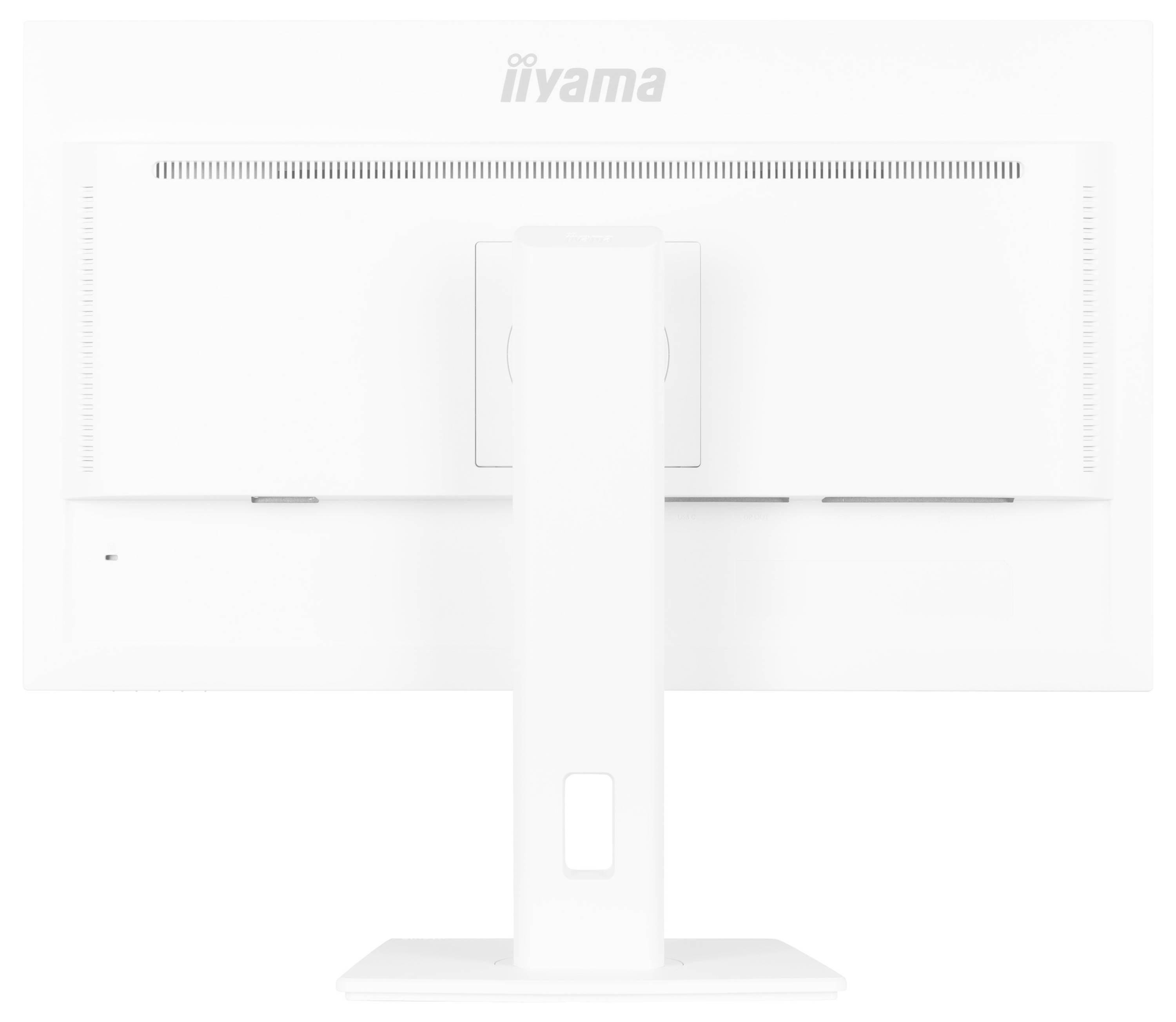 Un monitor per computer bianco visto da dietro, che mostra un supporto e un logo del marchio in alto, con un design elegante e minimalista.