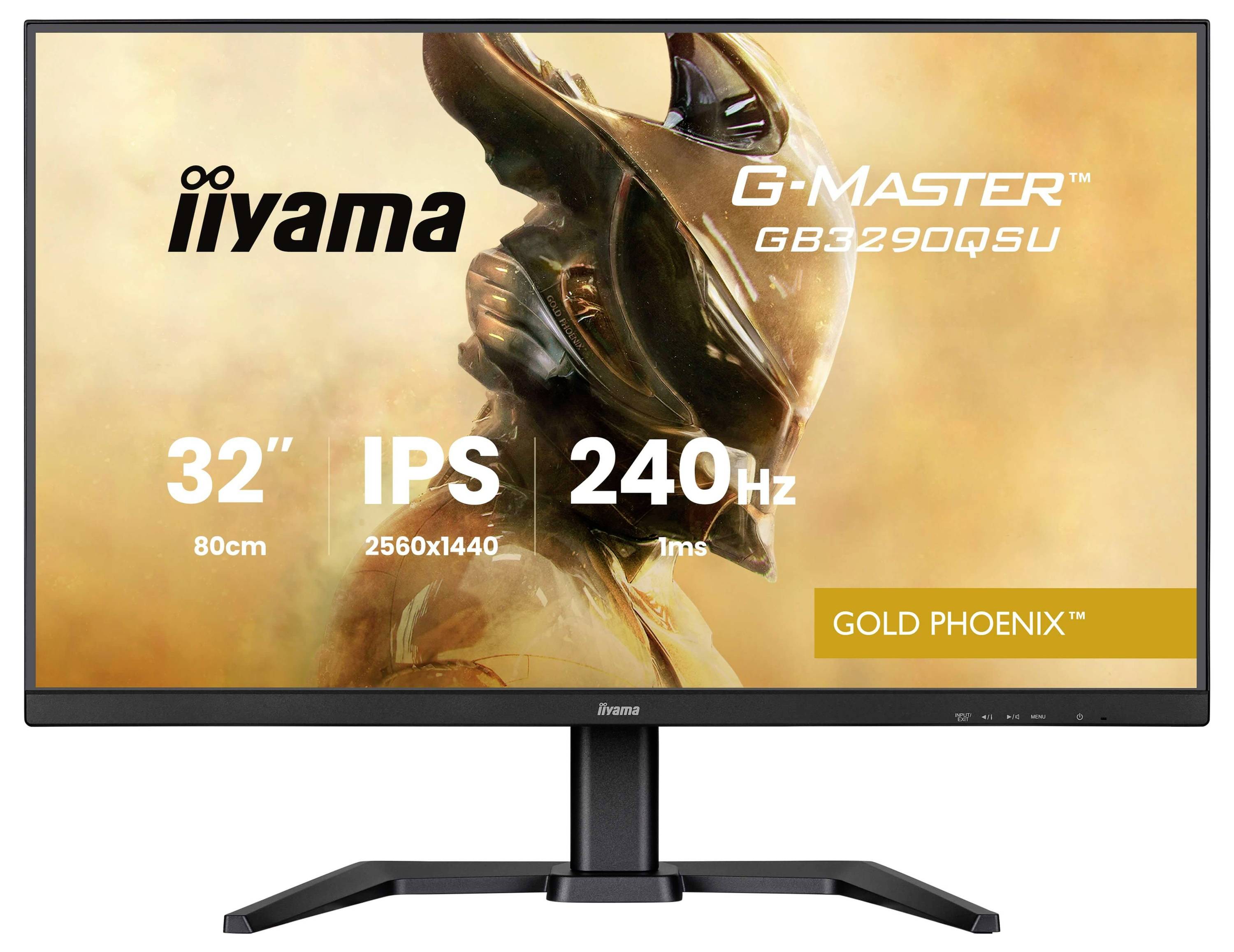 Monitor che visualizza iiyama G-Master, modello GB3290QSU, caratteristiche: schermo da 32 pollici, risoluzione 2560x1440, 240Hz, pannello IPS, 'Gold Phoenix'.